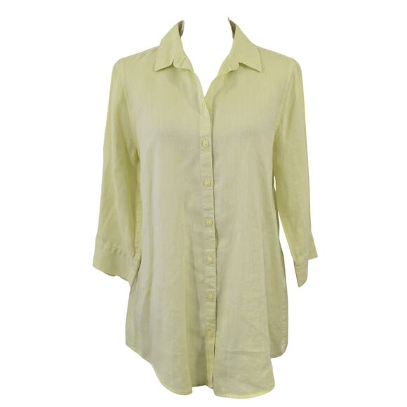 CHICO'S! LINEN LUXE! PALE LIME 3/4 NOTCH SLEEVE OVERSIZE BUTTON UP BLOUSE!SZ 4/6 - Picture 3 of 9